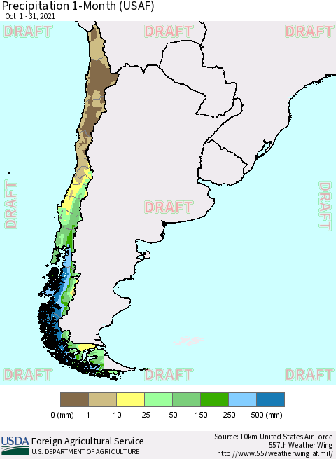 Chile Precipitation 1-Month (USAF) Thematic Map For 10/1/2021 - 10/31/2021