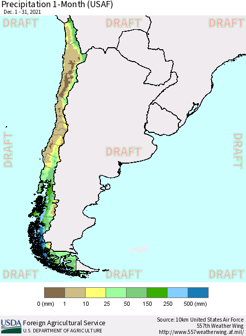 Chile Precipitation 1-Month (USAF) Thematic Map For 12/1/2021 - 12/31/2021