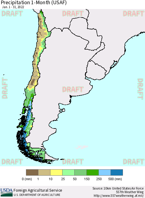 Chile Precipitation 1-Month (USAF) Thematic Map For 1/1/2022 - 1/31/2022