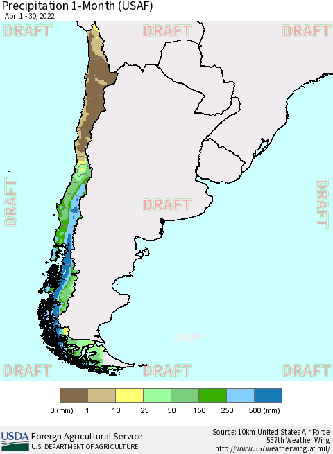 Chile Precipitation 1-Month (USAF) Thematic Map For 4/1/2022 - 4/30/2022