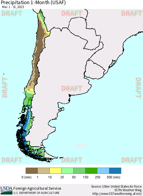 Chile Precipitation 1-Month (USAF) Thematic Map For 3/1/2023 - 3/31/2023