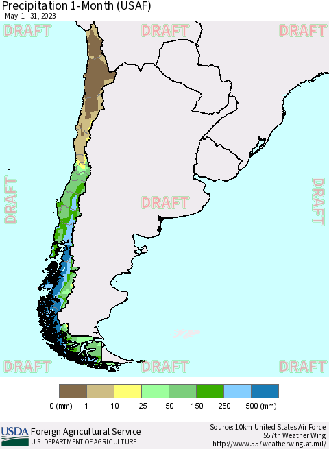 Chile Precipitation 1-Month (USAF) Thematic Map For 5/1/2023 - 5/31/2023