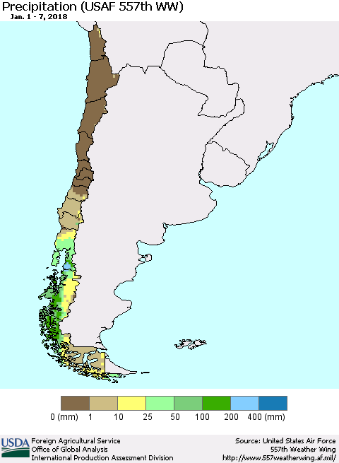Chile Precipitation (USAF 557th WW) Thematic Map For 1/1/2018 - 1/7/2018