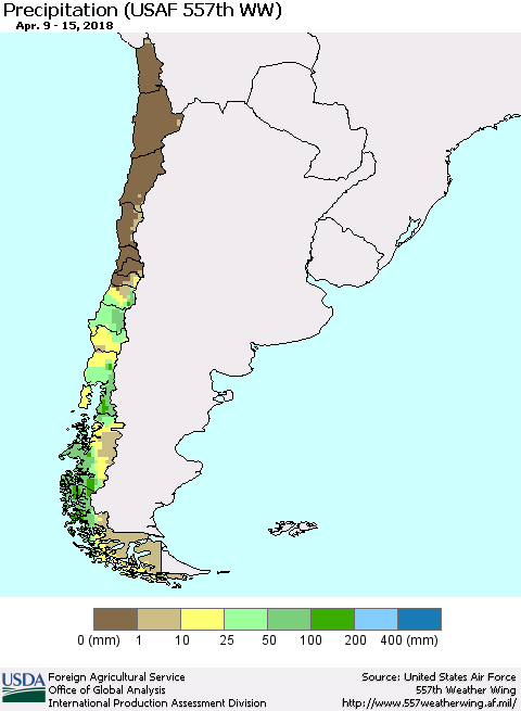 Chile Precipitation (USAF 557th WW) Thematic Map For 4/9/2018 - 4/15/2018