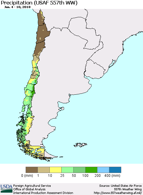 Chile Precipitation (USAF 557th WW) Thematic Map For 6/4/2018 - 6/10/2018
