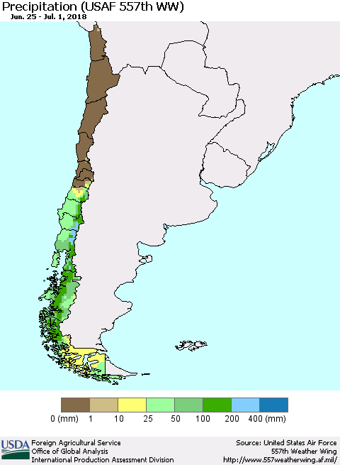 Chile Precipitation (USAF 557th WW) Thematic Map For 6/25/2018 - 7/1/2018