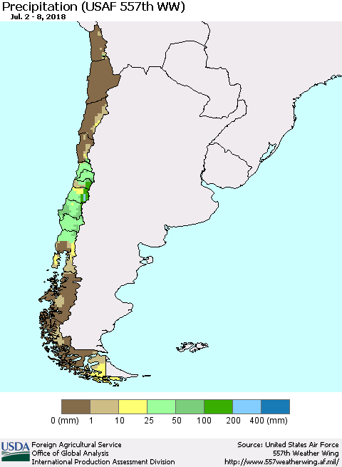 Chile Precipitation (USAF 557th WW) Thematic Map For 7/2/2018 - 7/8/2018