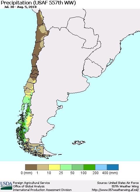 Chile Precipitation (USAF 557th WW) Thematic Map For 7/30/2018 - 8/5/2018