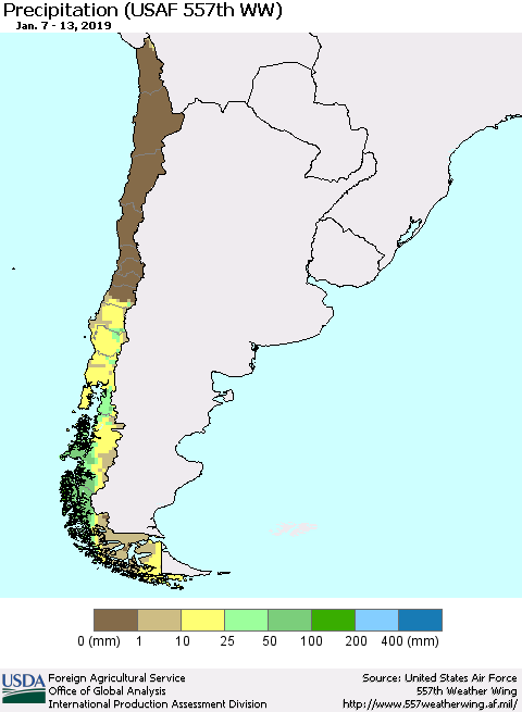 Chile Precipitation (USAF 557th WW) Thematic Map For 1/7/2019 - 1/13/2019
