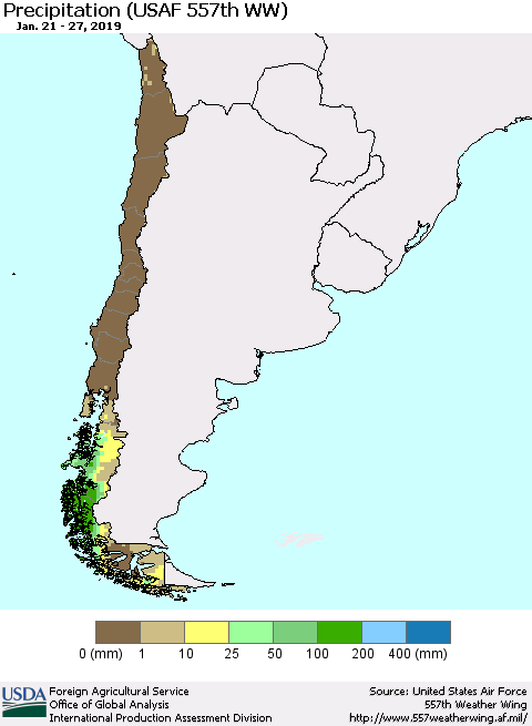Chile Precipitation (USAF 557th WW) Thematic Map For 1/21/2019 - 1/27/2019