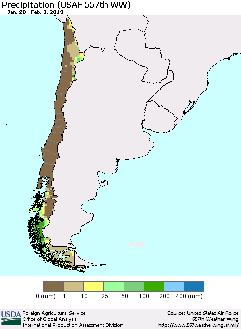 Chile Precipitation (USAF 557th WW) Thematic Map For 1/28/2019 - 2/3/2019