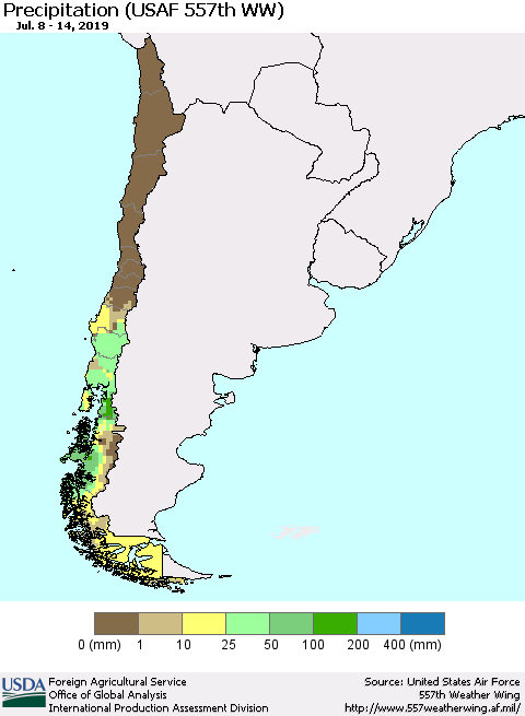 Chile Precipitation (USAF 557th WW) Thematic Map For 7/8/2019 - 7/14/2019