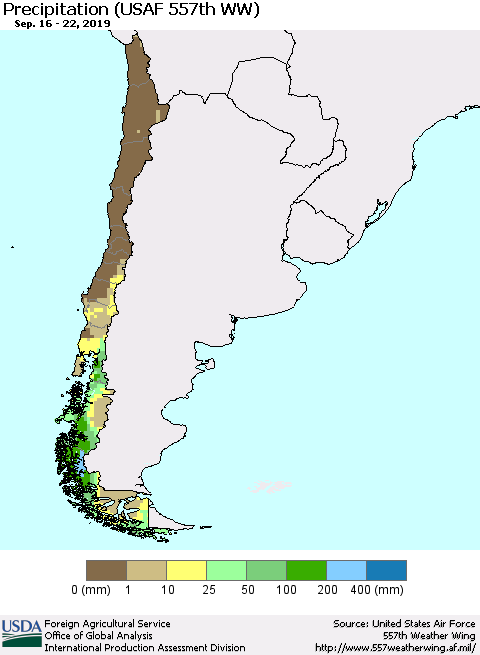 Chile Precipitation (USAF 557th WW) Thematic Map For 9/16/2019 - 9/22/2019