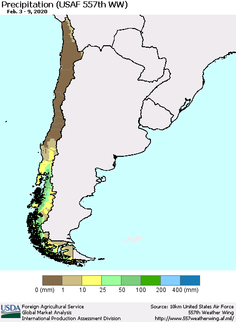 Chile Precipitation (USAF 557th WW) Thematic Map For 2/3/2020 - 2/9/2020
