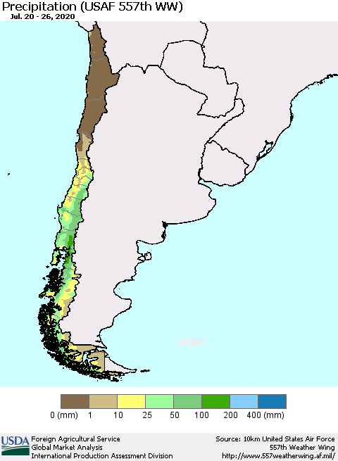 Chile Precipitation (USAF 557th WW) Thematic Map For 7/20/2020 - 7/26/2020