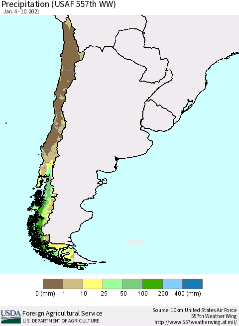 Chile Precipitation (USAF 557th WW) Thematic Map For 1/4/2021 - 1/10/2021