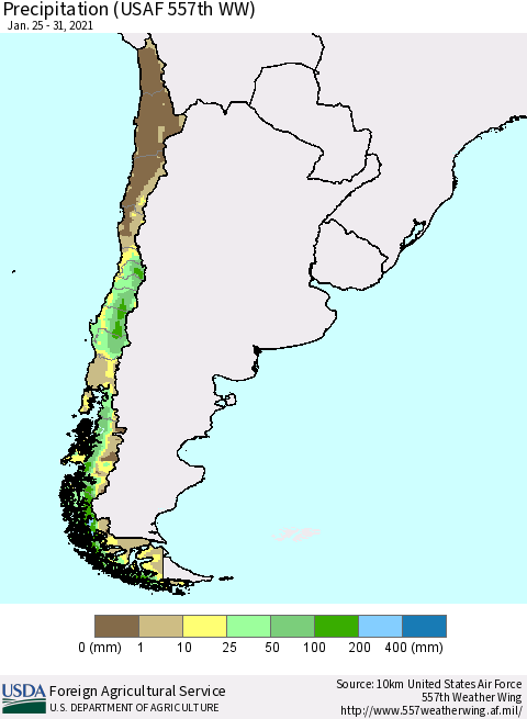 Chile Precipitation (USAF 557th WW) Thematic Map For 1/25/2021 - 1/31/2021