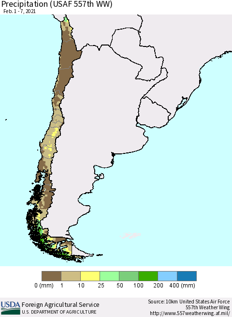 Chile Precipitation (USAF 557th WW) Thematic Map For 2/1/2021 - 2/7/2021