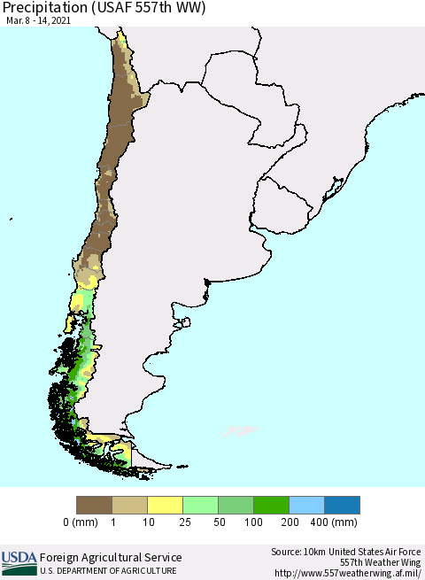 Chile Precipitation (USAF 557th WW) Thematic Map For 3/8/2021 - 3/14/2021
