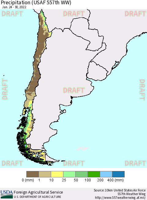 Chile Precipitation (USAF 557th WW) Thematic Map For 1/24/2022 - 1/30/2022