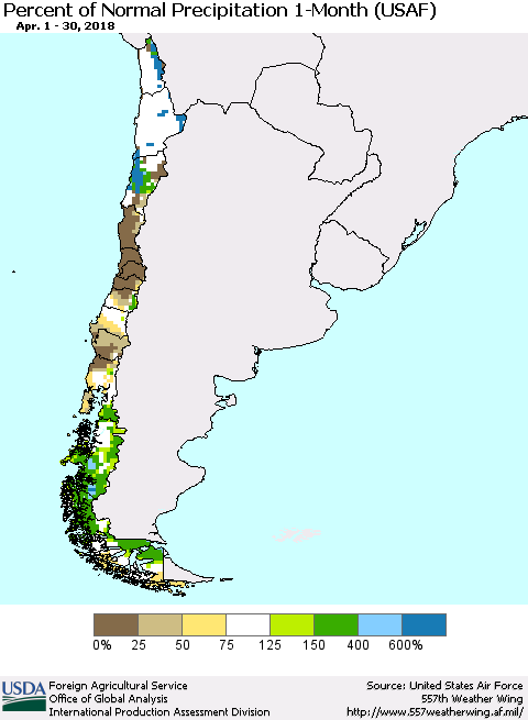Chile Percent of Normal Precipitation 1-Month (USAF) Thematic Map For 4/1/2018 - 4/30/2018