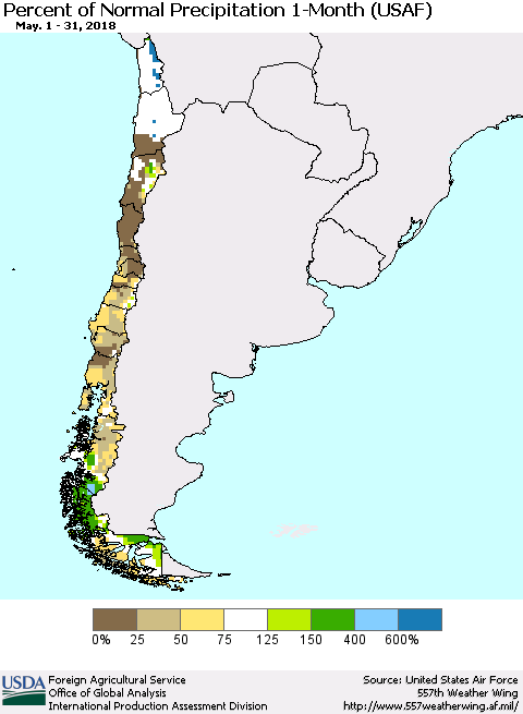 Chile Percent of Normal Precipitation 1-Month (USAF) Thematic Map For 5/1/2018 - 5/31/2018