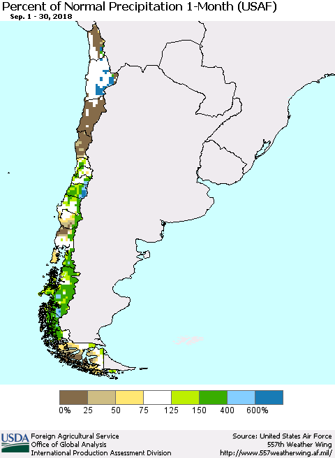 Chile Percent of Normal Precipitation 1-Month (USAF) Thematic Map For 9/1/2018 - 9/30/2018