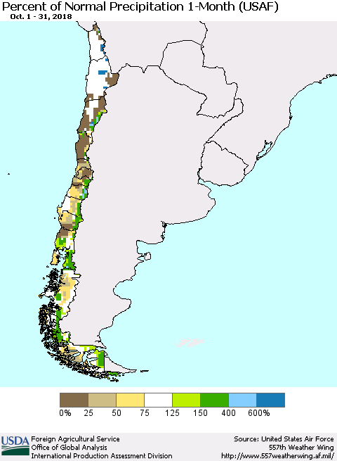 Chile Percent of Normal Precipitation 1-Month (USAF) Thematic Map For 10/1/2018 - 10/31/2018