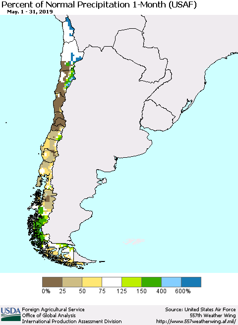 Chile Percent of Normal Precipitation 1-Month (USAF) Thematic Map For 5/1/2019 - 5/31/2019