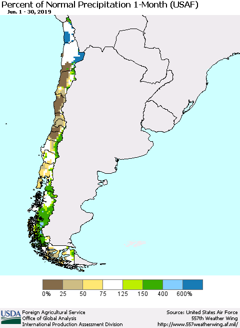 Chile Percent of Normal Precipitation 1-Month (USAF) Thematic Map For 6/1/2019 - 6/30/2019