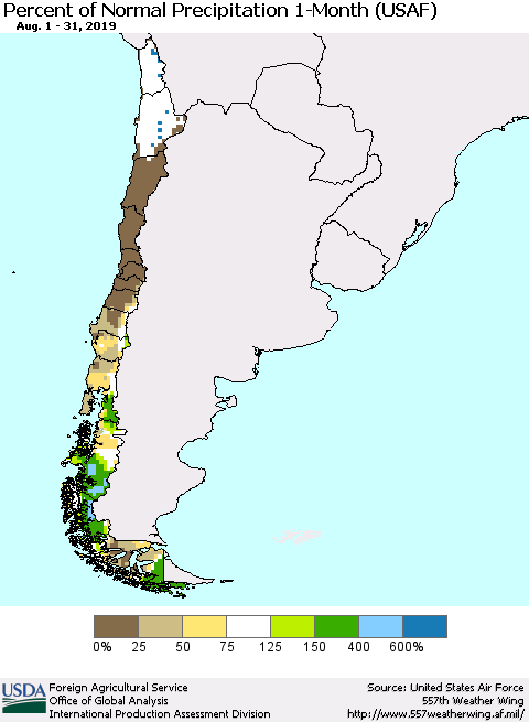 Chile Percent of Normal Precipitation 1-Month (USAF) Thematic Map For 8/1/2019 - 8/31/2019