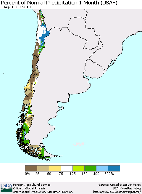 Chile Percent of Normal Precipitation 1-Month (USAF) Thematic Map For 9/1/2019 - 9/30/2019
