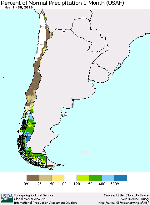 Chile Percent of Normal Precipitation 1-Month (USAF) Thematic Map For 11/1/2019 - 11/30/2019