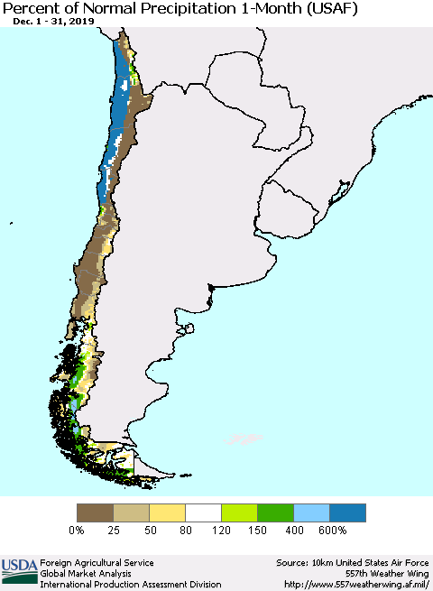 Chile Percent of Normal Precipitation 1-Month (USAF) Thematic Map For 12/1/2019 - 12/31/2019