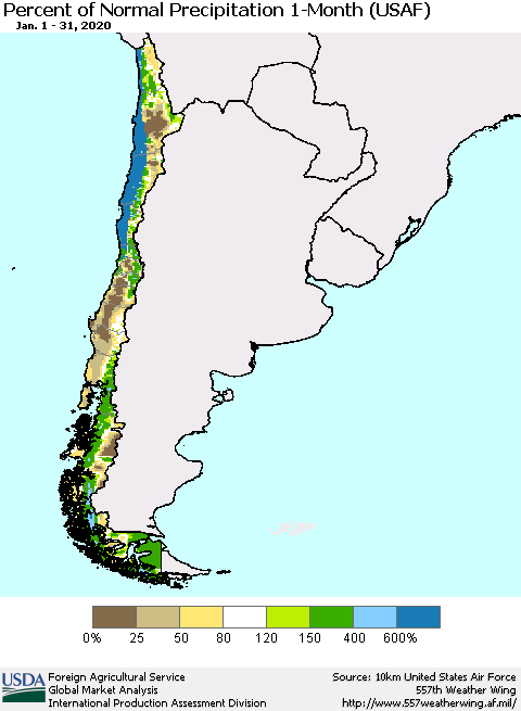Chile Percent of Normal Precipitation 1-Month (USAF) Thematic Map For 1/1/2020 - 1/31/2020