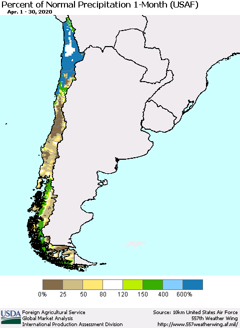 Chile Percent of Normal Precipitation 1-Month (USAF) Thematic Map For 4/1/2020 - 4/30/2020