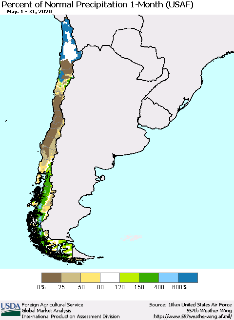 Chile Percent of Normal Precipitation 1-Month (USAF) Thematic Map For 5/1/2020 - 5/31/2020