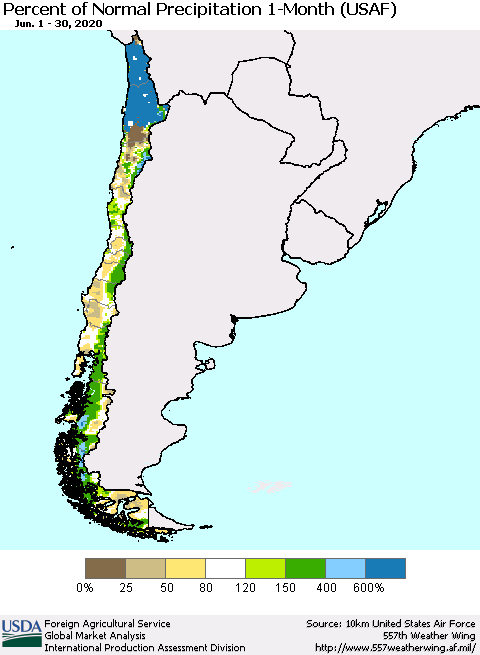 Chile Percent of Normal Precipitation 1-Month (USAF) Thematic Map For 6/1/2020 - 6/30/2020