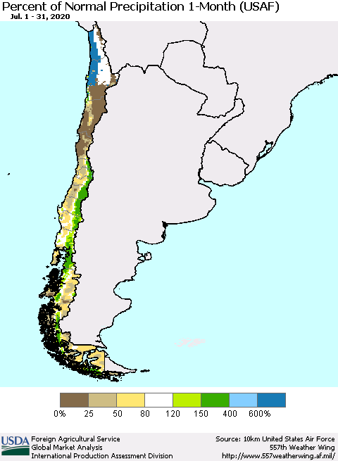 Chile Percent of Normal Precipitation 1-Month (USAF) Thematic Map For 7/1/2020 - 7/31/2020