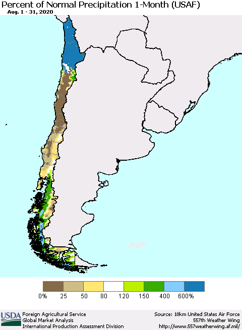Chile Percent of Normal Precipitation 1-Month (USAF) Thematic Map For 8/1/2020 - 8/31/2020