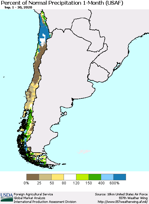 Chile Percent of Normal Precipitation 1-Month (USAF) Thematic Map For 9/1/2020 - 9/30/2020