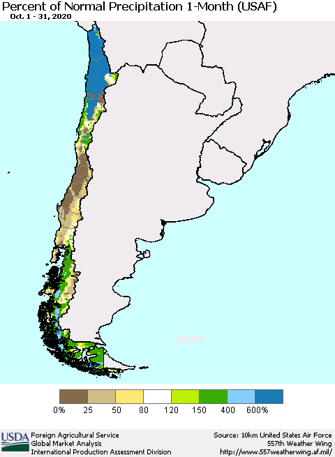 Chile Percent of Normal Precipitation 1-Month (USAF) Thematic Map For 10/1/2020 - 10/31/2020