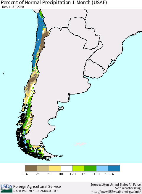 Chile Percent of Normal Precipitation 1-Month (USAF) Thematic Map For 12/1/2020 - 12/31/2020