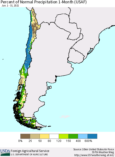 Chile Percent of Normal Precipitation 1-Month (USAF) Thematic Map For 1/1/2021 - 1/31/2021