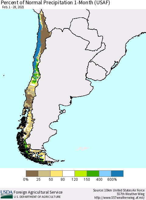 Chile Percent of Normal Precipitation 1-Month (USAF) Thematic Map For 2/1/2021 - 2/28/2021