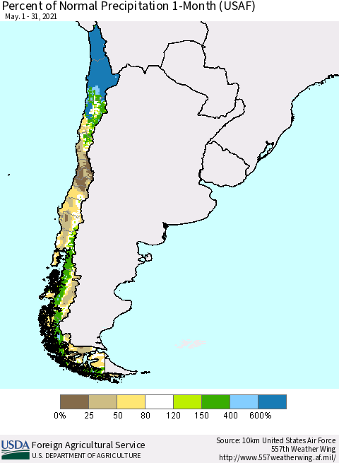 Chile Percent of Normal Precipitation 1-Month (USAF) Thematic Map For 5/1/2021 - 5/31/2021