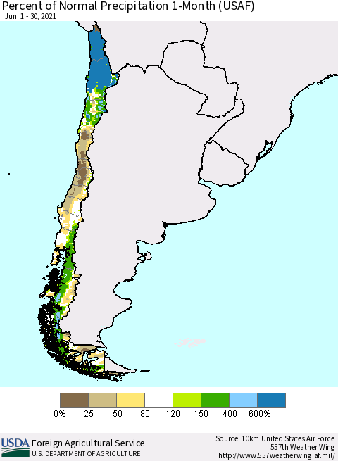 Chile Percent of Normal Precipitation 1-Month (USAF) Thematic Map For 6/1/2021 - 6/30/2021