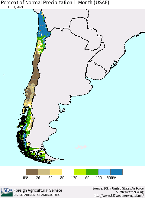 Chile Percent of Normal Precipitation 1-Month (USAF) Thematic Map For 7/1/2021 - 7/31/2021