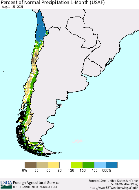 Chile Percent of Normal Precipitation 1-Month (USAF) Thematic Map For 8/1/2021 - 8/31/2021
