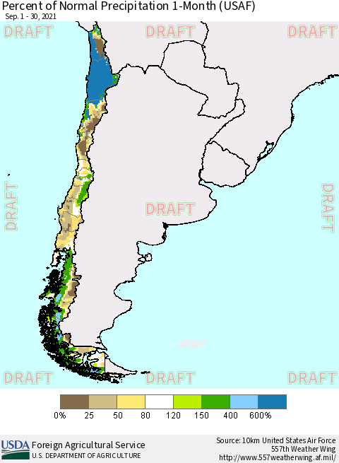 Chile Percent of Normal Precipitation 1-Month (USAF) Thematic Map For 9/1/2021 - 9/30/2021